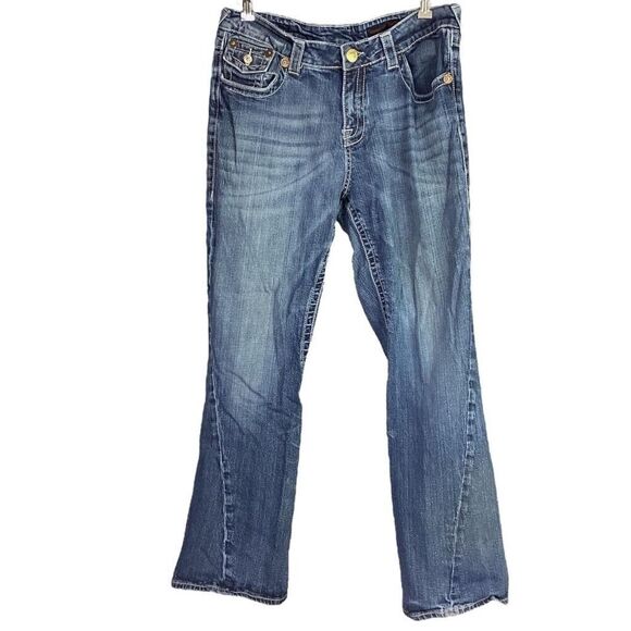Vigoss Jeans Women 16 Blue Bootcut Stretch Distressed Embroidered Retro Y2K - Picture 1 of 9